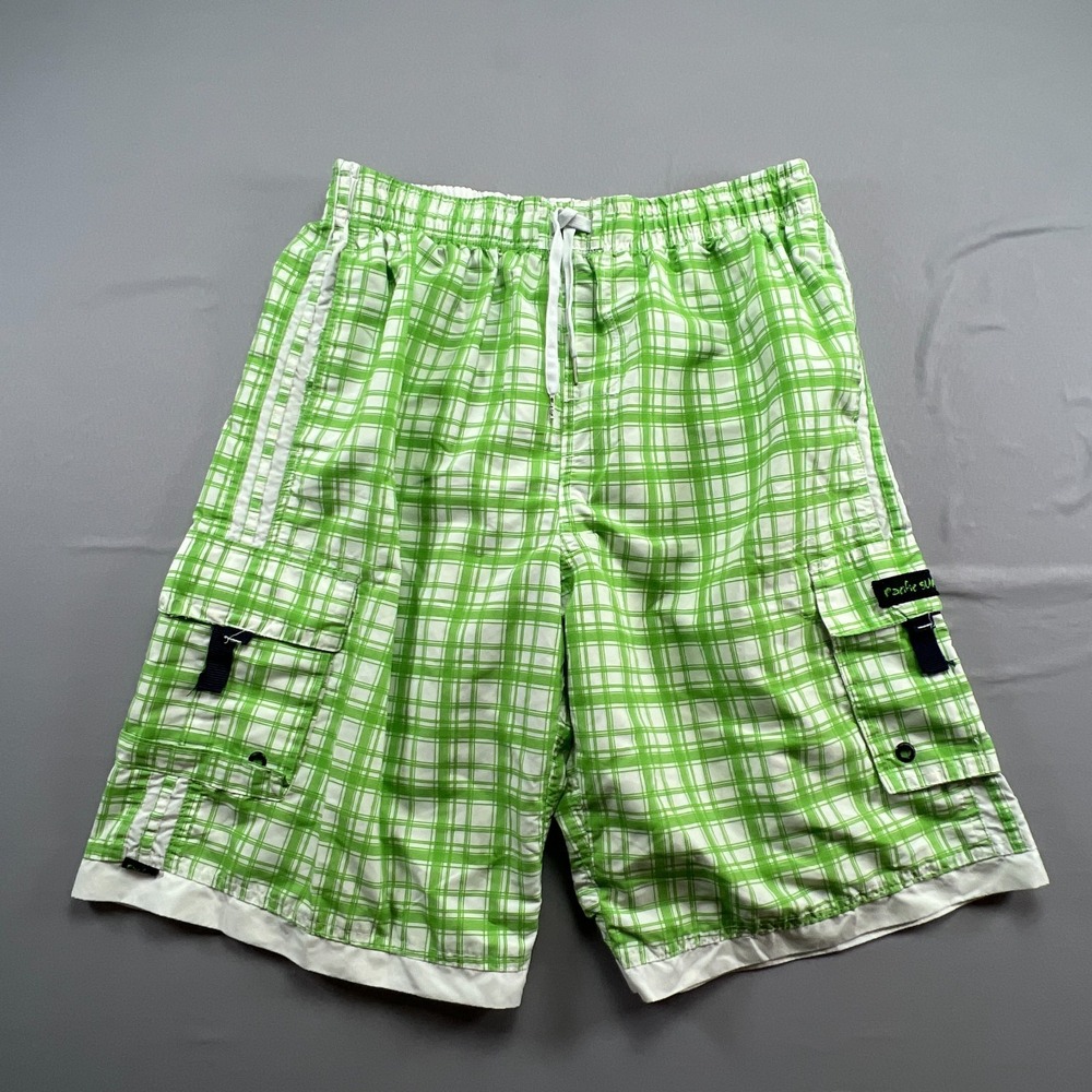 Pacific Surf By Exist Board Shorts Mens Large White Green Plaid Mesh Lined Beach
